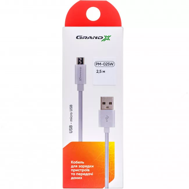 Кабель Grand-X USB-micro USB,100% медь, 2.5m, White, BOX (PM025W)