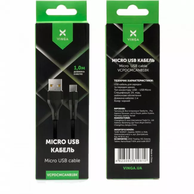 Дата кабель Vinga USB 2.0 AM to Micro 5P 1.0m cylindric nylon back (VCPDCMCANB1BK)