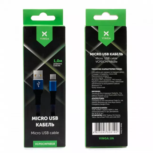 Дата кабель Vinga USB 2.0 AM to Micro 5P 1m flat nylon blue (VCPDCMFNB1B)