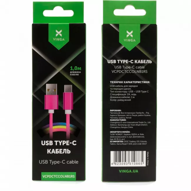 Дата кабель Vinga USB 2.0 AM to Type-C 1.0m rainbow nylon (VCPDCTCCOLNB1RS)