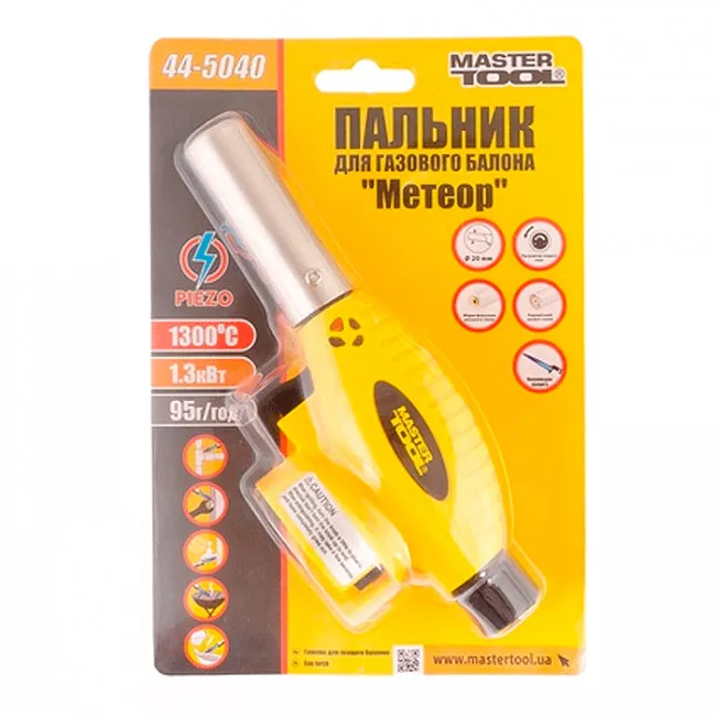 Горелка для газового баллона MASTER TOOL с пьезоподжигом "Метеор", Ø 20 мм, керамическая защита, 1300*С (44-5040)