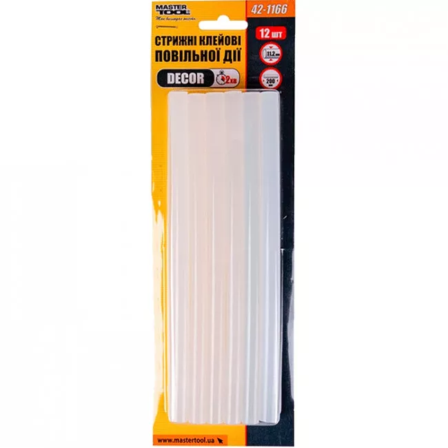 Стрижні клейові MASTER TOOL 11,2*200 мм, 12 шт, повільної дії DECOR (42-1166)