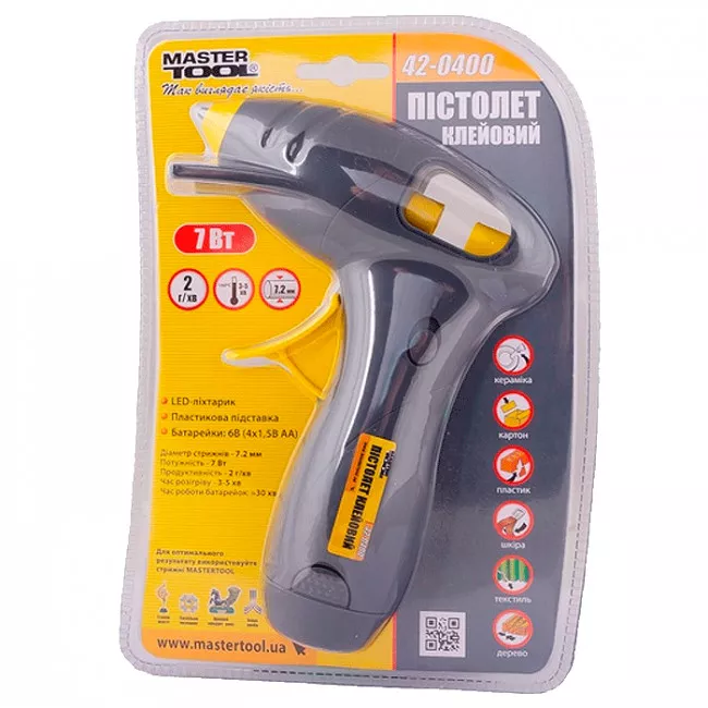 Пістолет клейовий MASTER TOOL на батарейках Ø 7,2 мм DC6V (1.5*4шт. AA) (42-0400)