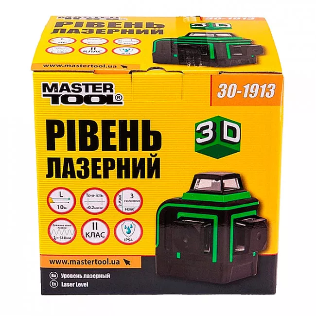 Рівень лазерний MASTER TOOL H360+2*V360, 3 лазерні головки GREEN, 0.2мм/м, 10м, Li-ion, сумка (30-1913)