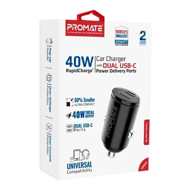 Автомобильное зарядное устройство Promate bullet-pd40 black (062280)
