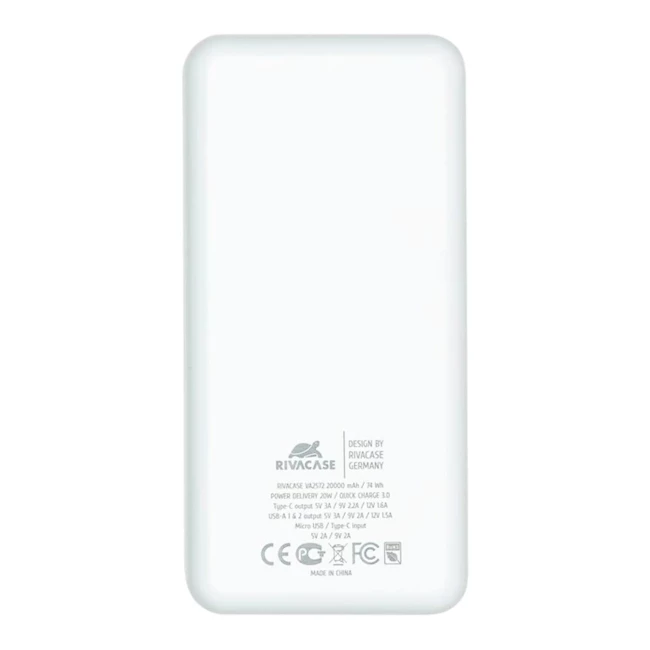 Внешний аккумулятор RivaCase VA2572 20000mAh PD20W USB-C 2xUSB-A QC3.0 White (PB931088)