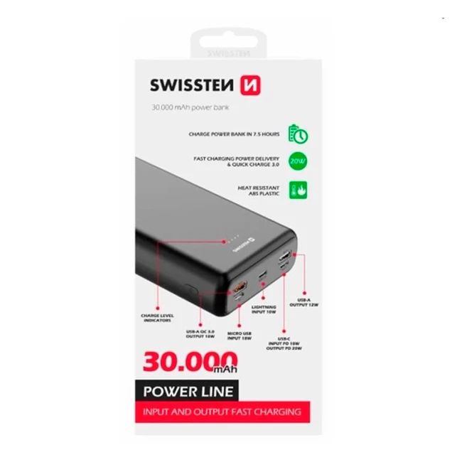 Внешний аккумулятор Swissten Power Line Bank 30000mAh Black (479838)