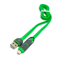 Кабель PowerPlant QC 2A 2в1 USB 2.0AM – Lightning/Micro 1м green