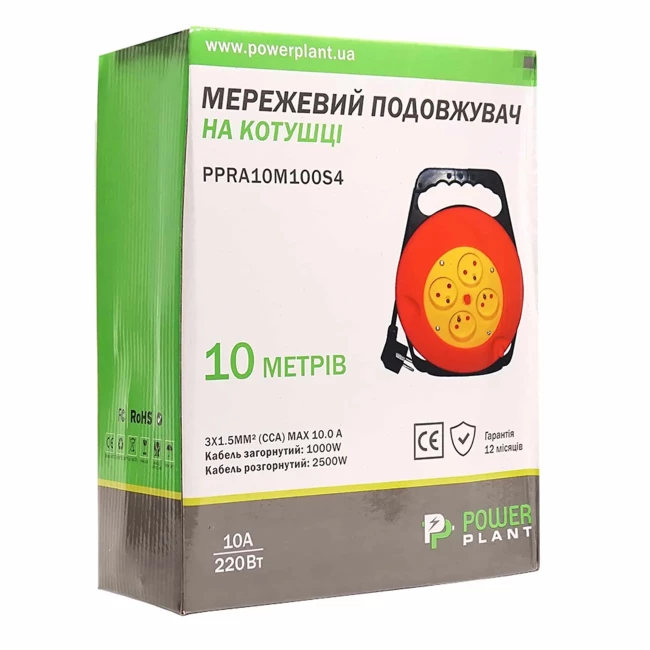 Удлинитель на катушке PowerPlant 10м 3x1.5мм2 10А 4 розетки (JY-2002/10) (PPRA10M100S4)