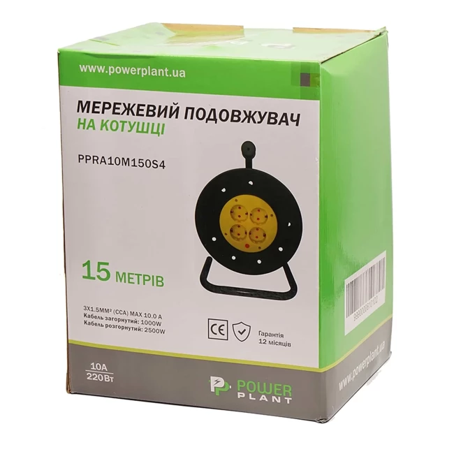 Удлинитель на катушке PowerPlant 15м 3x1.5мм2 10А 4 розетки (JY-2002/15) (PPRA10M150S4)