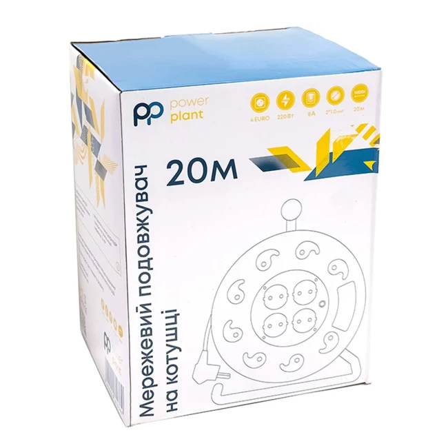 Удлинитель на катушке PowerPlant 20м 2x1.0мм2 8А 4 розетки (JY-2000/20) (PPRA08M200S4)