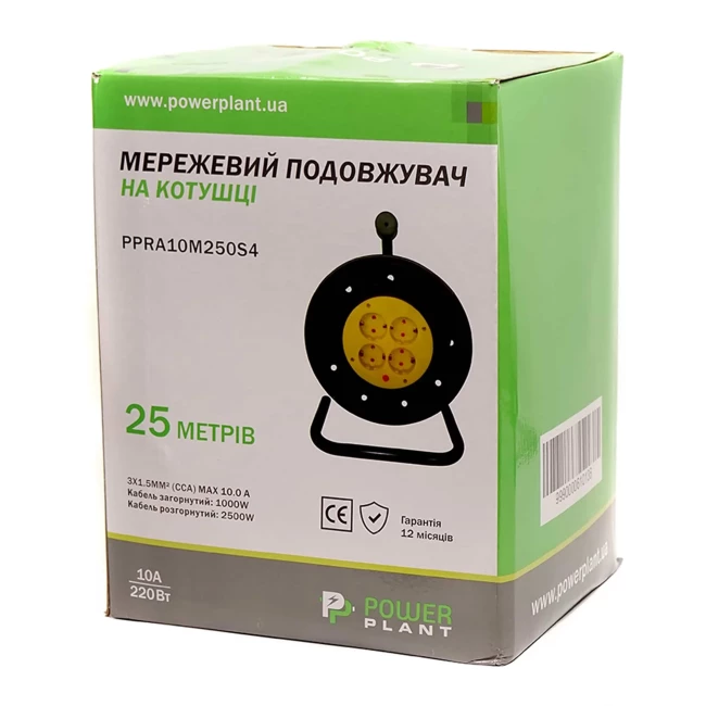 Удлинитель на катушке PowerPlant 25м 3x1.5мм2 10А 4 розетки (JY-2002/25) (PPRA10M250S4)