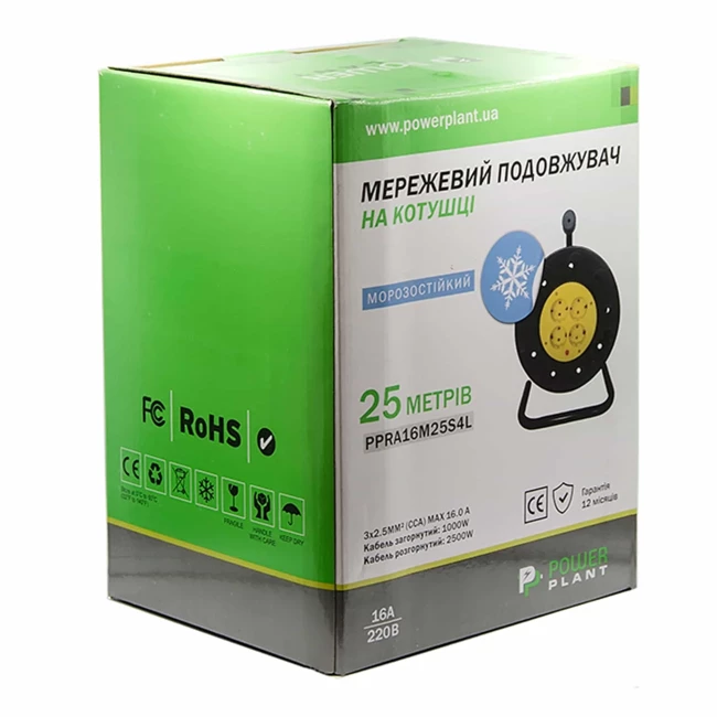 Удлинитель на катушке PowerPlant 25м 3x2.5мм2 16А 4 розетки (JY-2002/25) (PPRA16M25S4L)