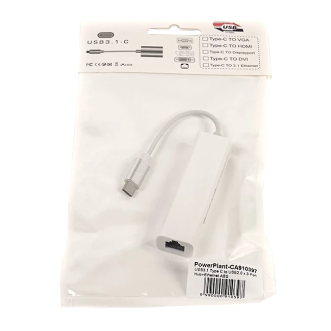 Перехідник PowerPlant USB 3.1 Type-C – 3 порти USB 2.0 + Ethernet (CA910397)