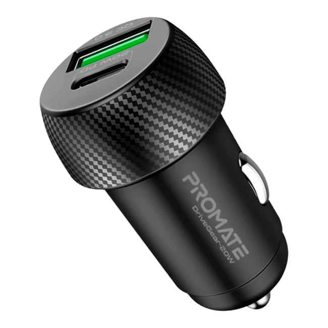 Автомобільний зарядний пристрій Promate DriveGear-20W PD USB-C + QC 3.0 USB-A Black (drivegear-20w.black) Автомобільний зарядний пристрій Promate DriveGear-20W PD USB-C + QC 3.0 USB-A Black (drivegear-20w.black)
