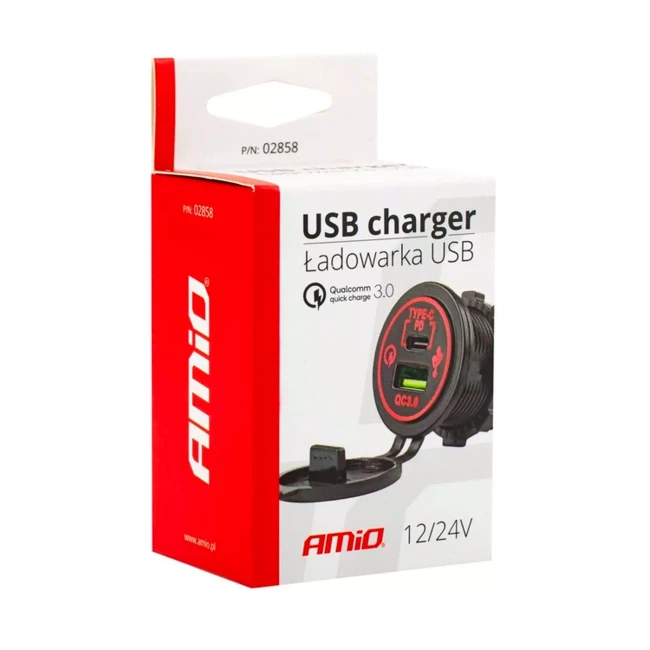 Зарядний пристрій AMiO USB+USB-C 12/24V MOD-08 (02858)