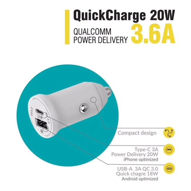 Автомобильное зарядное устройство Piko 20W USB + Type-C белый (CC-302QP)