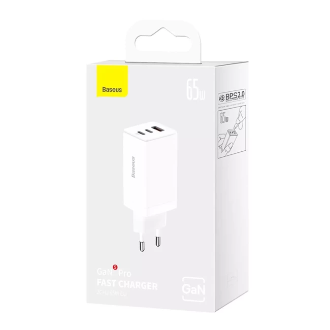 Зарядний пристрій Baseus 65W GaN5 Pro 2C+U білий (CCGP120202)
