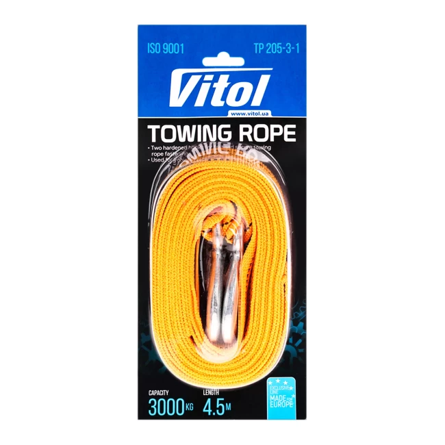Трос буксировочный Vitol ST205 46 мм х 4,5 м 3 т желтый (TP-205-3-1)