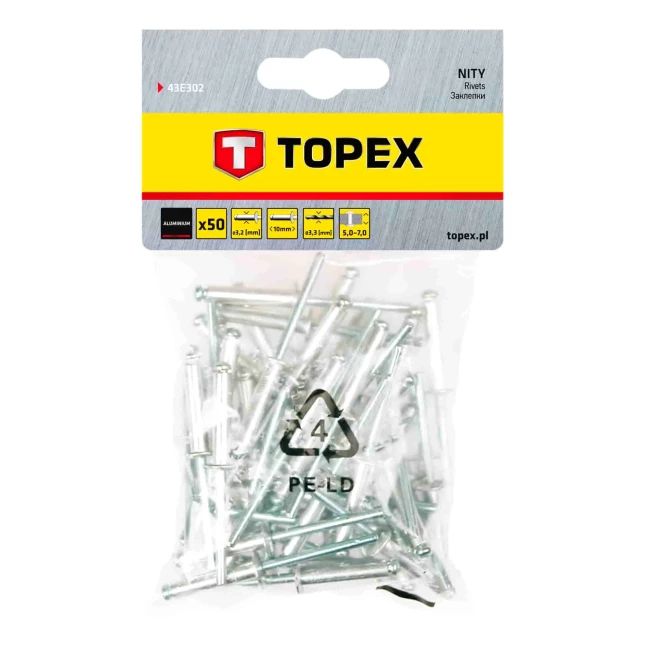 Заклепки TOPEX алюминиевые 3.2 мм x 10 мм, 50 шт.*1 уп. (43E302) Заклепки TOPEX алюминиевые 3.2 мм x 10 мм, 50 шт.*1 уп. (43E302)