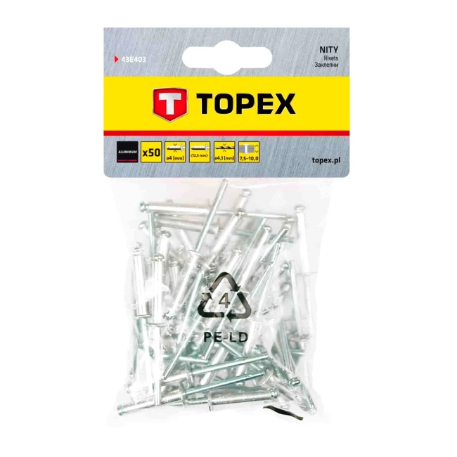 Заклепки TOPEX алюминиевые 4.0 мм x 12,5 мм, 50 шт.*1 уп. (43E403) Заклепки TOPEX алюминиевые 4.0 мм x 12,5 мм, 50 шт.*1 уп. (43E403)