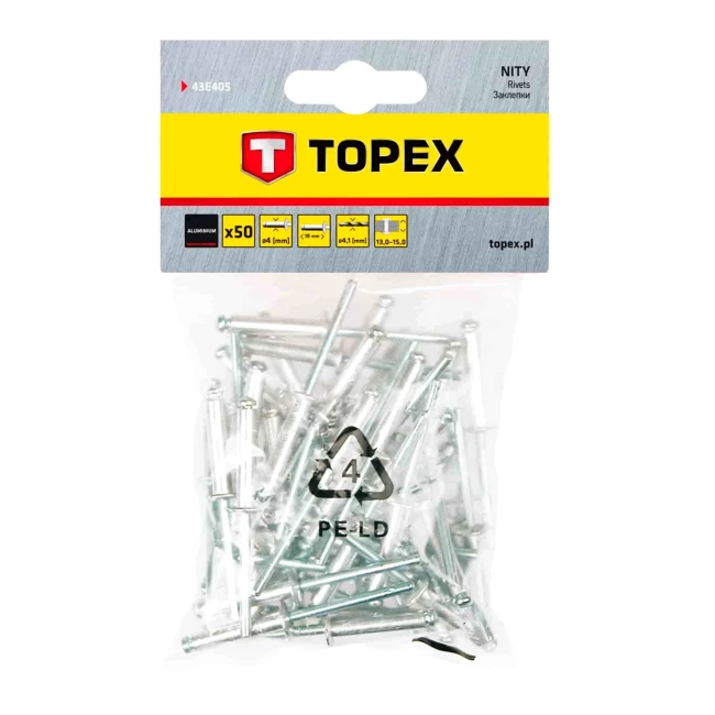 Заклепки TOPEX алюминиевые 4.0 мм x 18 мм, 50 шт.*1 уп. (43E405) Заклепки TOPEX алюминиевые 4.0 мм x 18 мм, 50 шт.*1 уп. (43E405)