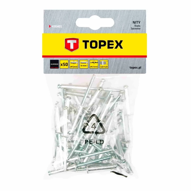 Заклепки TOPEX алюмінієві 4 мм x 8 мм, 50 шт.*1 уп. (43E401)