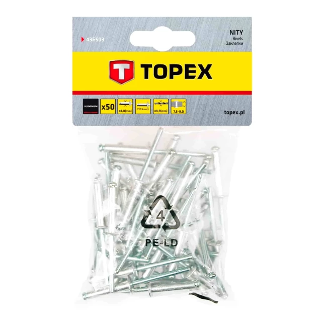 Заклепки TOPEX алюминиевые 4.8 мм x 12,5 мм, 50 шт.*1 уп. (43E503)