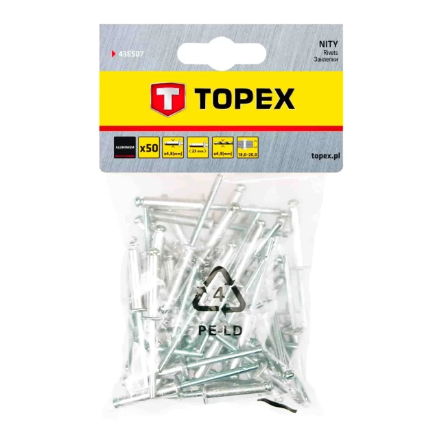 Заклепки TOPEX алюминиевые 4.8 мм x 23 мм, 50 шт.*1 уп. (43E507)