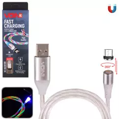 Кабель магнітний VOIN Multicolor LED USB - Micro USB 3А, 1m, black (VC-1601M RB)