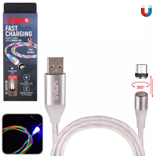 Кабель магнитный VOIN Multicolor LED USB - Micro USB 3А, 1m, black (VC-1601M RB)