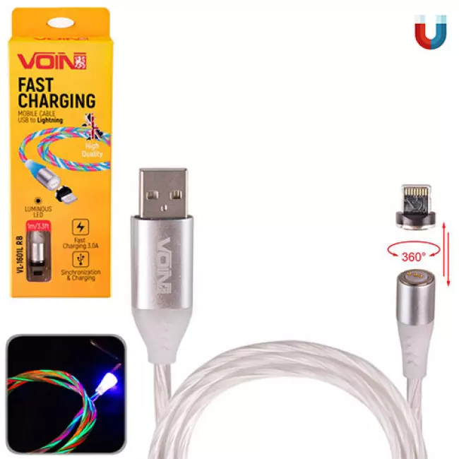 Кабель магнитный VOIN Multicolor LED USB - Lightning 3А, 1m (VL-1601L RB) Кабель магнитный VOIN Multicolor LED USB - Lightning 3А, 1m (VL-1601L RB)