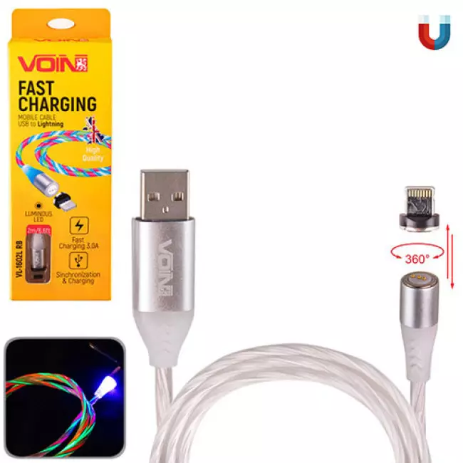 Кабель магнитный VOIN Multicolor LED USB - Lightning 3А, 2m (VL-1602L RB) Кабель магнитный VOIN Multicolor LED USB - Lightning 3А, 2m (VL-1602L RB)