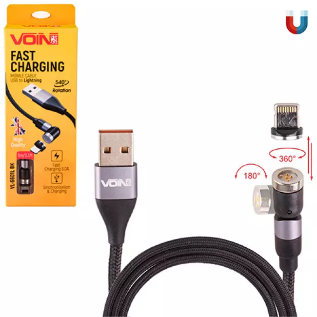 Кабель магнитный шарнирный VOIN USB - Lightning 3А, 1m, black (VL-6601L BK) Кабель магнитный шарнирный VOIN USB - Lightning 3А, 1m, black (VL-6601L BK)