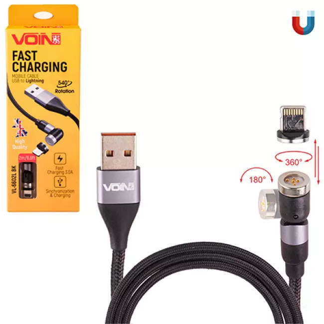 Кабель магнитный шарнирный VOIN USB - Lightning 3А, 2m, black (VL-6602L BK)