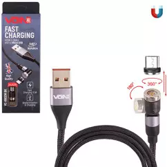 Кабель магнитный шарнирный VOIN USB - Micro USB 3А, 2m, black (VC-6602M BK)