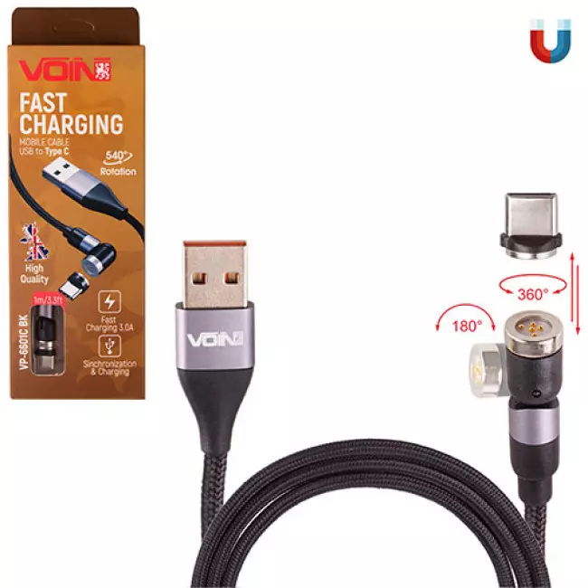 Кабель магнитный шарнирный VOIN USB - Type C 3А, 1m, black (VP-6601C BK)