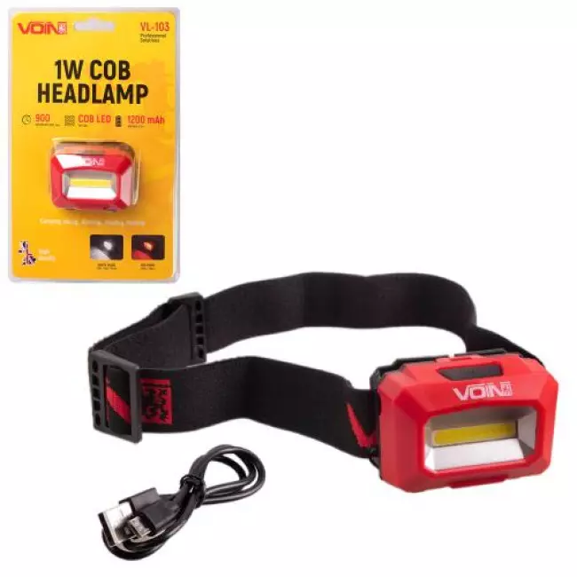 Фонарь налобный VOIN 1W-COB (W/R) АКБ 1200 mAh (VL-103)