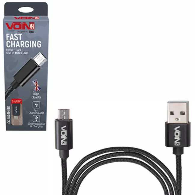Кабель VOIN USB - Micro USB 3А 2m black (CC-1802M BK)