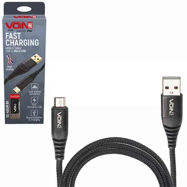 Кабель VOIN USB - Micro USB 3А 2m black (CC-4202M BK)
