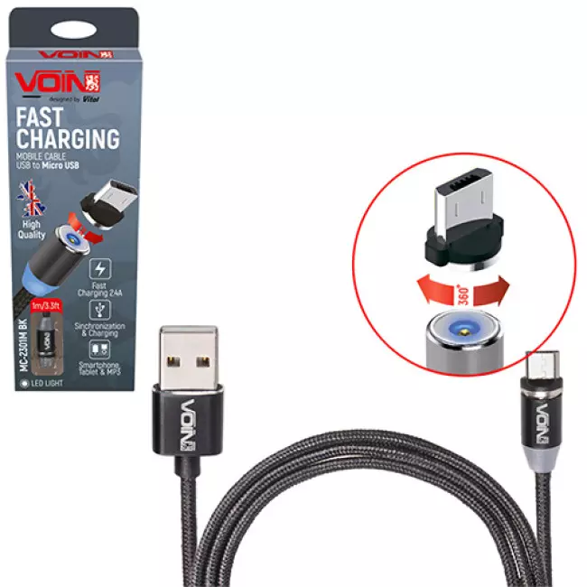 Кабель магнитный VOIN USB - Micro USB 2,4А, 1m, black (MC-2301M BK)