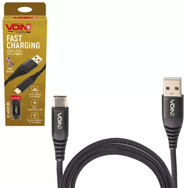 Кабель VOIN USB - Type C 3А 2m black (CC-4202C BK)