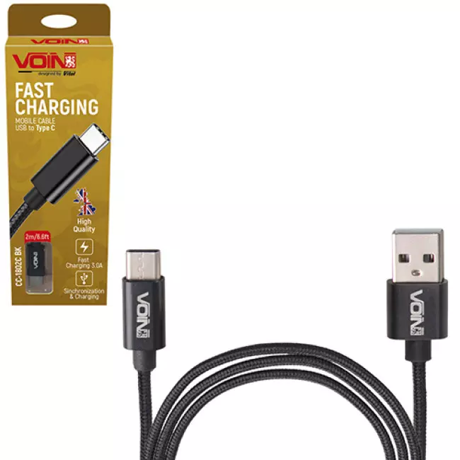 Кабель VOIN USB - Type C 3А 2m black (CC-1802C BK)