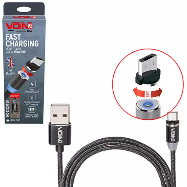 Кабель магнитный VOIN USB - Micro USB 2,4А, 2m, black (MC-2302M BK) Кабель магнитный VOIN USB - Micro USB 2,4А, 2m, black (MC-2302M BK)