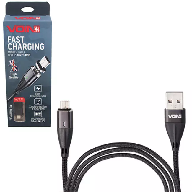 Кабель магнитный VOIN USB - Micro USB 3А, 1m, black (VC-6101M BK)