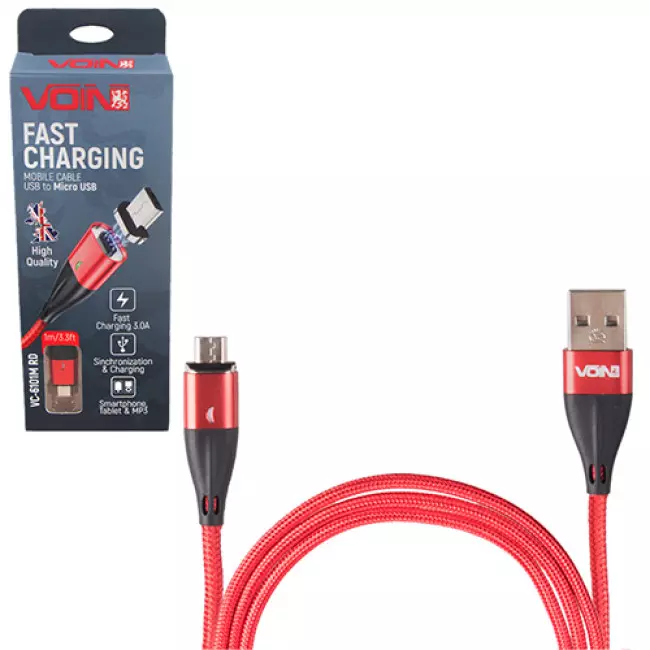 Кабель магнитный VOIN USB - Micro USB 3А, 1m, red (VC-6101M RD)