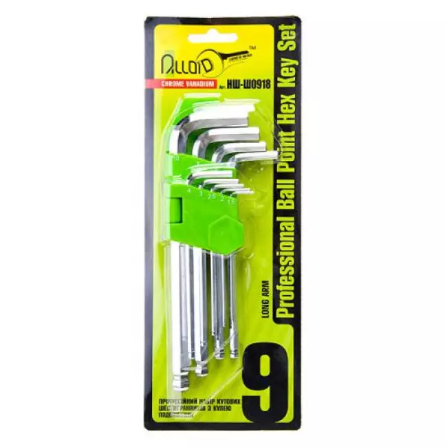 Набор ключей Alloid шестигранных с шаром, изогнутых удлиненных. 9 предм. 1,5-10 мм. (НШ-Ш0918)