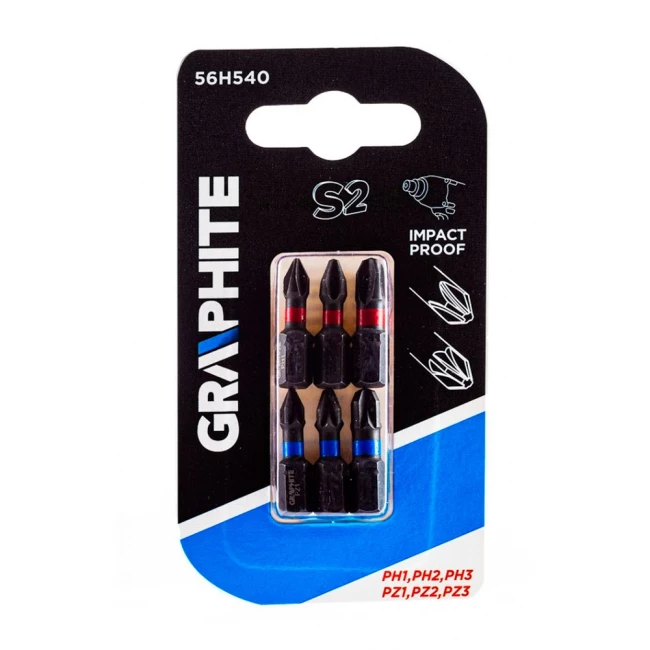 Біти GRAPHITE ударні PH1/2/3 PZ1/2/3 x 25 мм 6 шт (56H540)