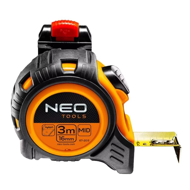 Рулетка NEO TOOLS, стальная лента, 3 м x 16 мм, с фиксатором selflock, клипса (67-203)