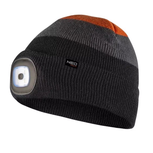 Шапка с фонариком NEO TOOLS, черно-серо-оранжевая WARM (81-631)